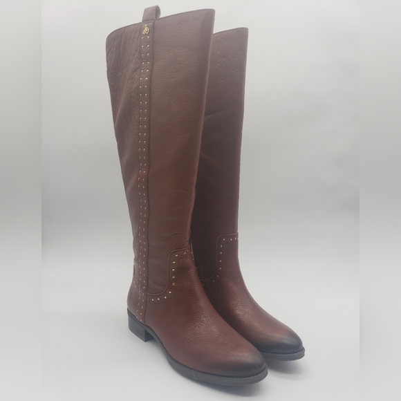 641- Sam Edelman Prina2 Red Wood Leather Women's Boots Size 6.5 Wide Calf NWT - Picture 1 of 13